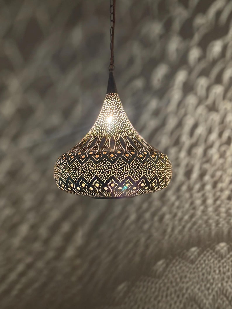 Moroccan Pierced Onion Pendant Light, Handmade Moorish Filigree Shadow Lamp, Boho Arabic Hanging Lantern, Rustic Metal Ceiling Chandelier