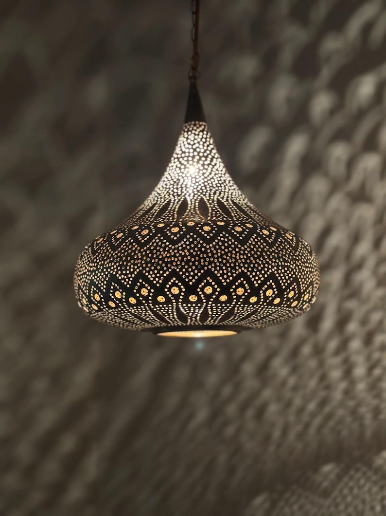 Moroccan Pierced Onion Pendant Light, Handmade Moorish Filigree Shadow Lamp, Boho Arabic Hanging Lantern, Rustic Metal Ceiling Chandelier