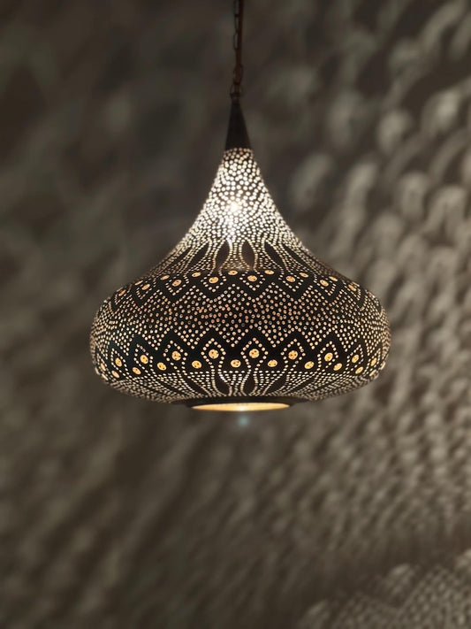 Moroccan Pierced Onion Pendant Light, Handmade Moorish Filigree Shadow Lamp, Boho Arabic Hanging Lantern, Rustic Metal Ceiling Chandelier