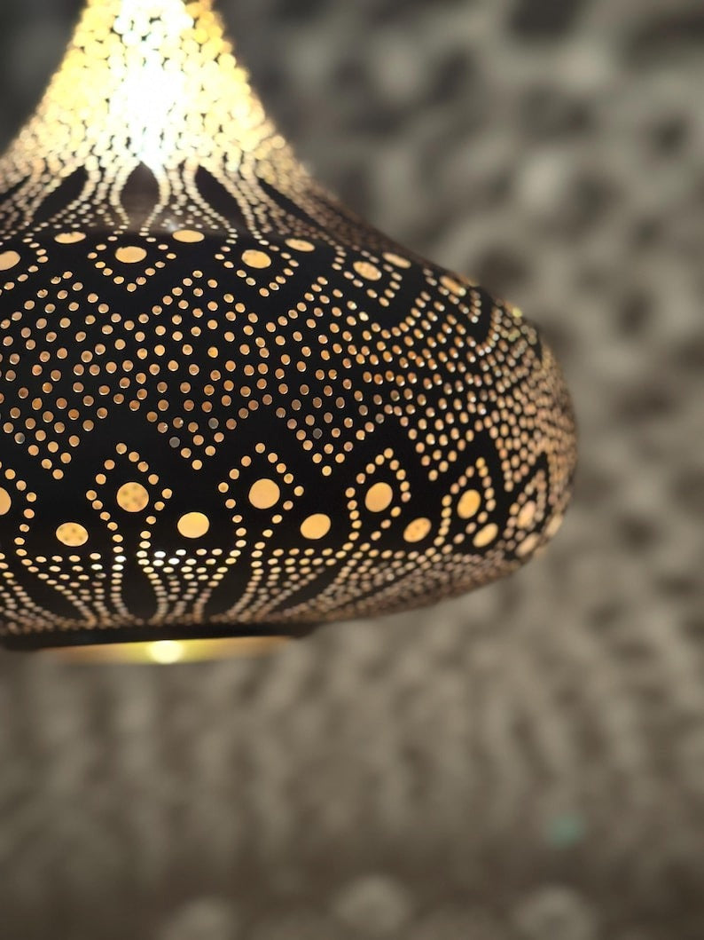Moroccan Pierced Onion Pendant Light, Handmade Moorish Filigree Shadow Lamp, Boho Arabic Hanging Lantern, Rustic Metal Ceiling Chandelier