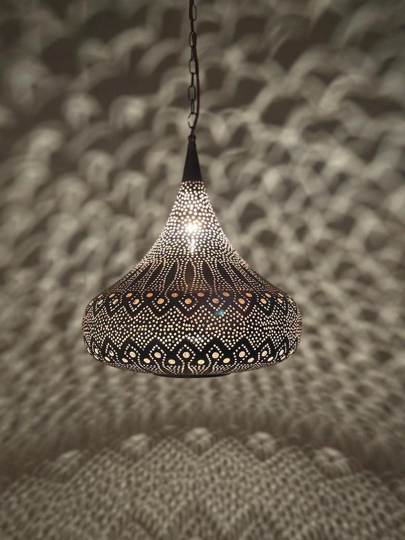 Moroccan Pierced Onion Pendant Light, Handmade Moorish Filigree Shadow Lamp, Boho Arabic Hanging Lantern, Rustic Metal Ceiling Chandelier