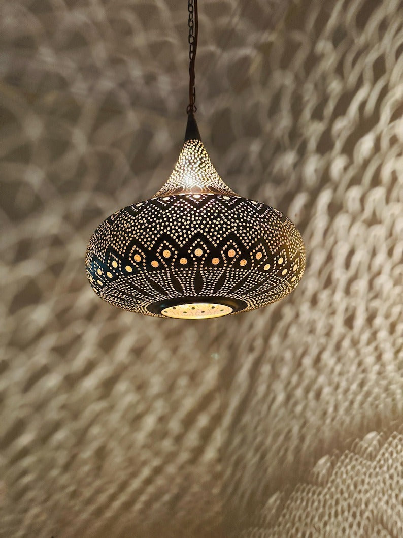 Moroccan Pierced Onion Pendant Light, Handmade Moorish Filigree Shadow Lamp, Boho Arabic Hanging Lantern, Rustic Metal Ceiling Chandelier