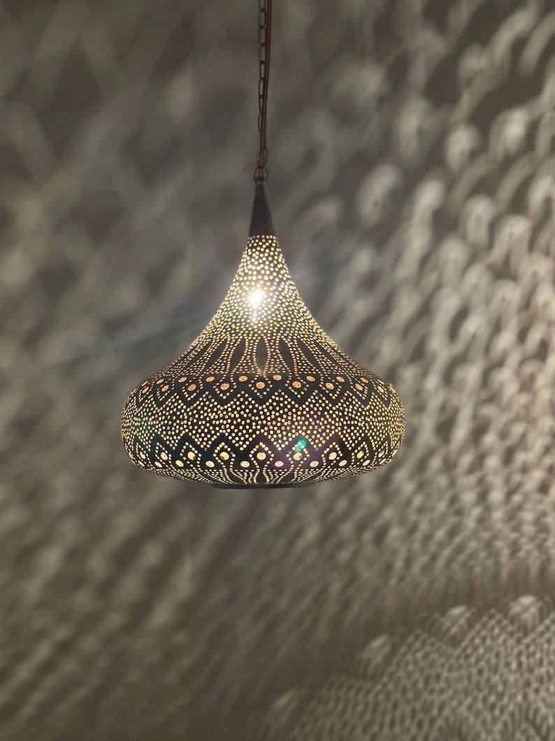 Moroccan Pierced Onion Pendant Light, Handmade Moorish Filigree Shadow Lamp, Boho Arabic Hanging Lantern, Rustic Metal Ceiling Chandelier