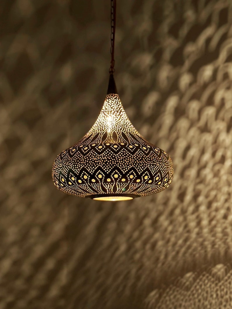 Moroccan Pierced Onion Pendant Light, Handmade Moorish Filigree Shadow Lamp, Boho Arabic Hanging Lantern, Rustic Metal Ceiling Chandelier