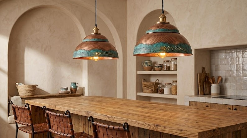 Handmade Moroccan Brass Pendant Light – Hammered Dome Ceiling Lamp with Verdigris Patina, Copper Interior & Pierced Artisan Details
