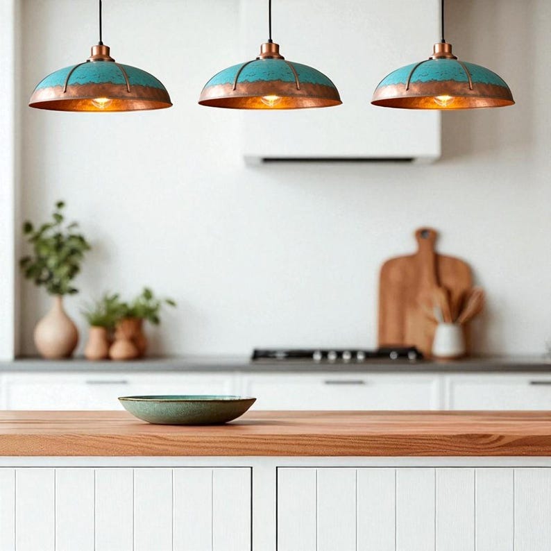 Verdigris Brass Dome Pendant Light – Copper Accent Kitchen Island Chandelier with Turquoise Patina