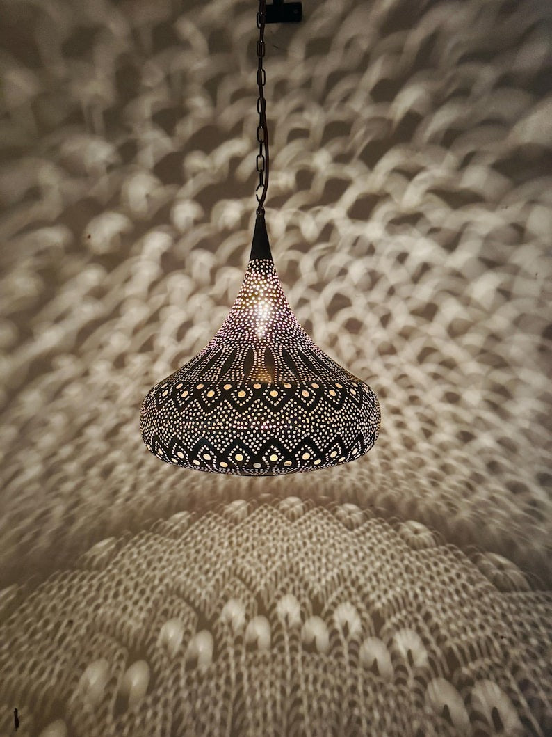 Moroccan Pierced Onion Pendant Light, Handmade Moorish Filigree Shadow Lamp, Boho Arabic Hanging Lantern, Rustic Metal Ceiling Chandelier