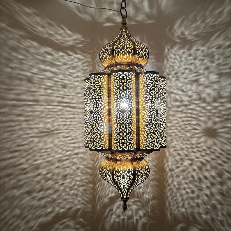 Moroccan Pierced Brass Lantern Chandelier, Handmade Moorish Floral Medallion Hanging Pendant Light, Boho Arabic Shadow Lamp, Gold and Black Filigree Ceiling Light Fixture