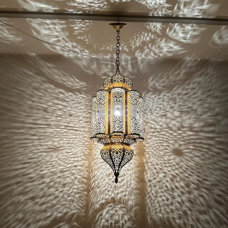 Moroccan Pierced Brass Lantern Chandelier, Handmade Moorish Floral Medallion Hanging Pendant Light, Boho Arabic Shadow Lamp, Gold and Black Filigree Ceiling Light Fixture