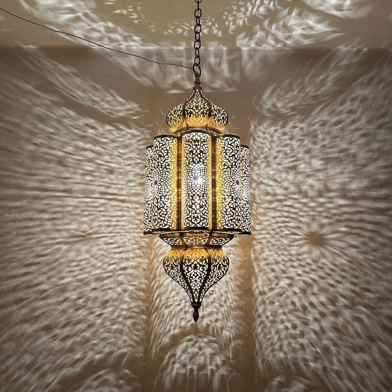 Moroccan Pierced Brass Lantern Chandelier, Handmade Moorish Floral Medallion Hanging Pendant Light, Boho Arabic Shadow Lamp, Gold and Black Filigree Ceiling Light Fixture