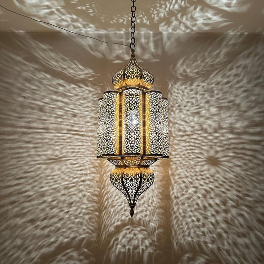 Moroccan Pierced Brass Lantern Chandelier, Handmade Moorish Floral Medallion Hanging Pendant Light, Boho Arabic Shadow Lamp, Gold and Black Filigree Ceiling Light Fixture