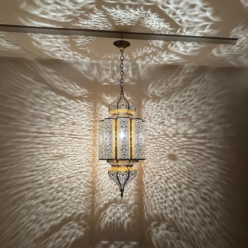Moroccan Pierced Brass Lantern Chandelier, Handmade Moorish Floral Medallion Hanging Pendant Light, Boho Arabic Shadow Lamp, Gold and Black Filigree Ceiling Light Fixture