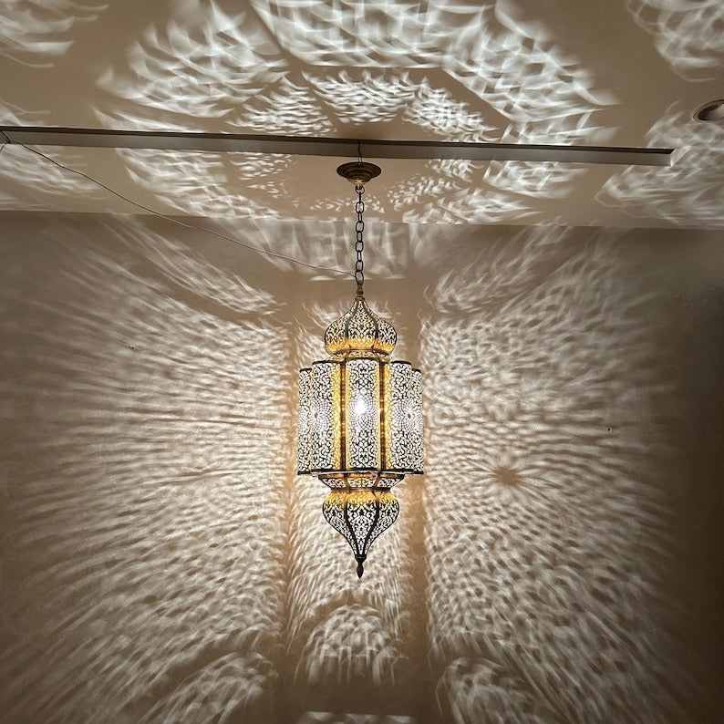 Moroccan Pierced Brass Lantern Chandelier, Handmade Moorish Floral Medallion Hanging Pendant Light, Boho Arabic Shadow Lamp, Gold and Black Filigree Ceiling Light Fixture