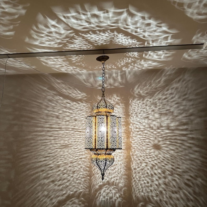 Moroccan Pierced Brass Lantern Chandelier, Handmade Moorish Floral Medallion Hanging Pendant Light, Boho Arabic Shadow Lamp, Gold and Black Filigree Ceiling Light Fixture