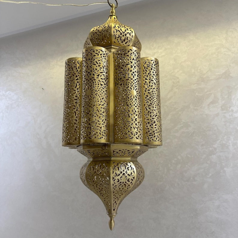 Moroccan Pierced Brass Lantern Chandelier, Handmade Moorish Floral Medallion Hanging Pendant Light, Boho Arabic Shadow Lamp, Gold and Black Filigree Ceiling Light Fixture