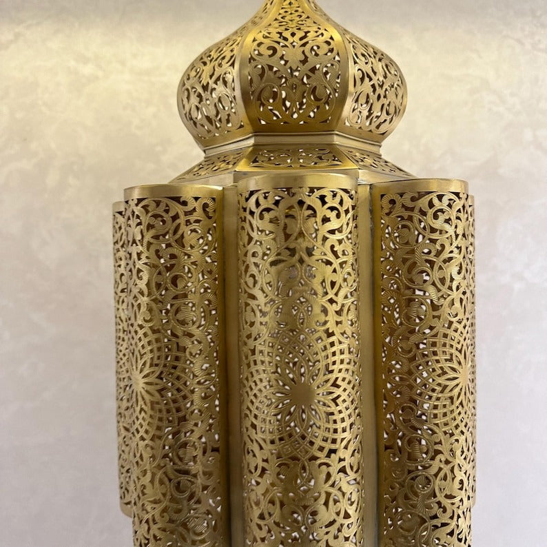 Moroccan Pierced Brass Lantern Chandelier, Handmade Moorish Floral Medallion Hanging Pendant Light, Boho Arabic Shadow Lamp, Gold and Black Filigree Ceiling Light Fixture