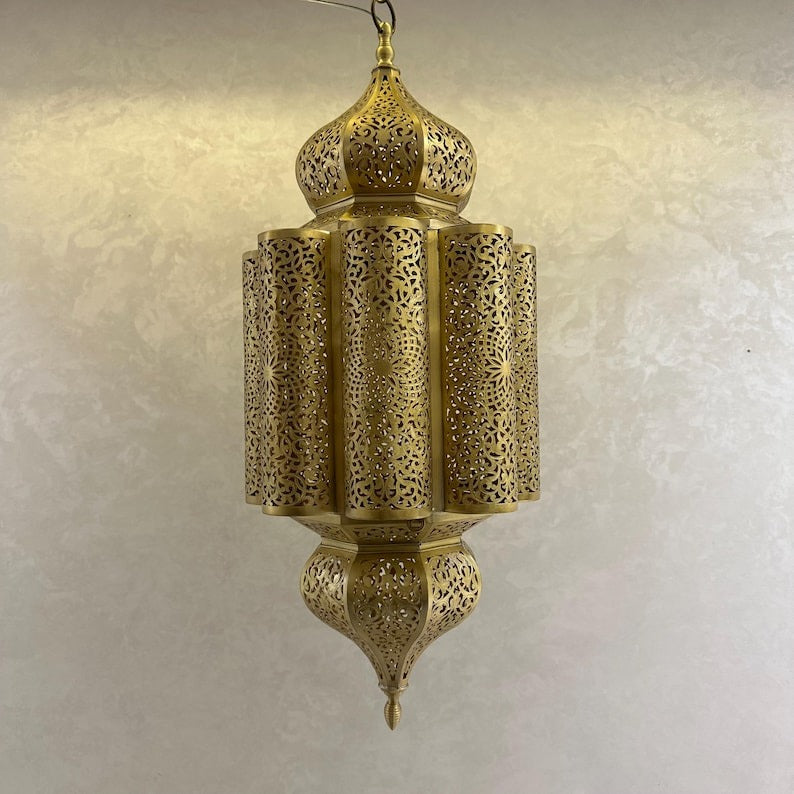Moroccan Pierced Brass Lantern Chandelier, Handmade Moorish Floral Medallion Hanging Pendant Light, Boho Arabic Shadow Lamp, Gold and Black Filigree Ceiling Light Fixture