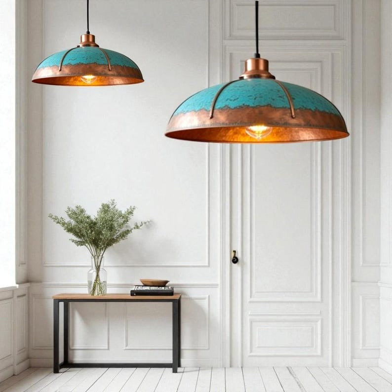 Verdigris Brass Dome Pendant Light – Copper Accent Kitchen Island Chandelier with Turquoise Patina