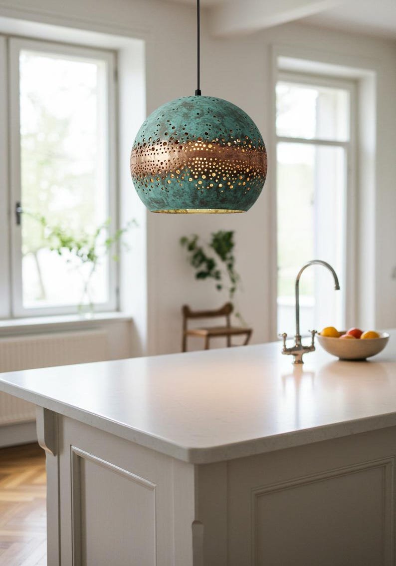 Green Patina Copper Globe Pendant Light, Handmade Moroccan Perforated Copper Dome Chandelier, Blue Verdigris Kitchen Island Hanging Lamp, Rustic Boho Farmhouse Ceiling Light Fixture