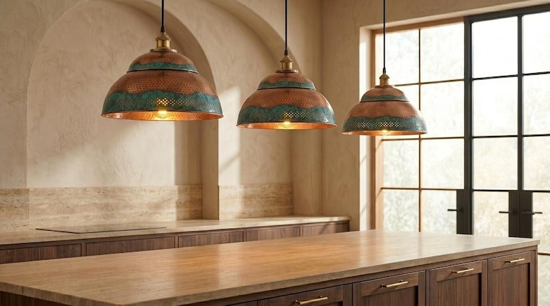 Handmade Moroccan Brass Pendant Light – Hammered Dome Ceiling Lamp with Verdigris Patina, Copper Interior & Pierced Artisan Details