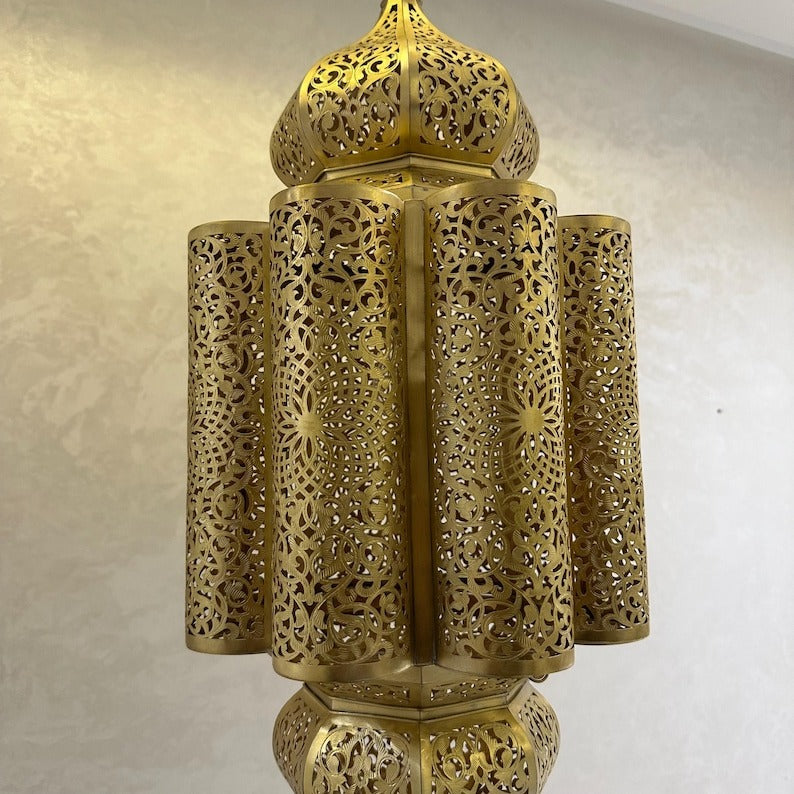 Moroccan Pierced Brass Lantern Chandelier, Handmade Moorish Floral Medallion Hanging Pendant Light, Boho Arabic Shadow Lamp, Gold and Black Filigree Ceiling Light Fixture
