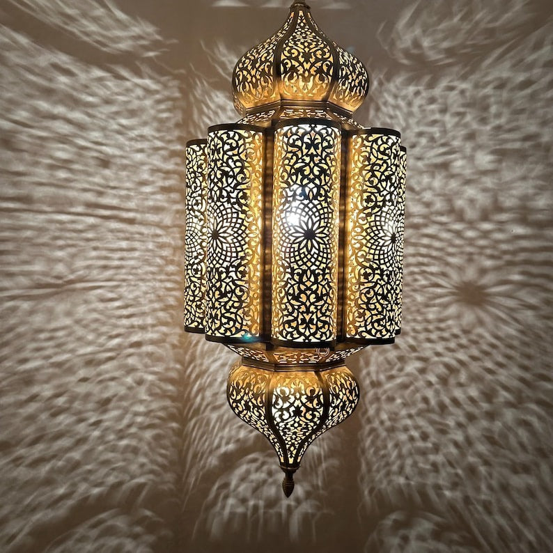Moroccan Pierced Brass Lantern Chandelier, Handmade Moorish Floral Medallion Hanging Pendant Light, Boho Arabic Shadow Lamp, Gold and Black Filigree Ceiling Light Fixture