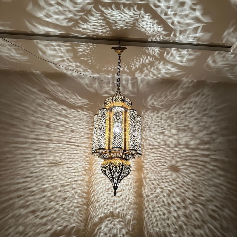 Moroccan Pierced Brass Lantern Chandelier, Handmade Moorish Floral Medallion Hanging Pendant Light, Boho Arabic Shadow Lamp, Gold and Black Filigree Ceiling Light Fixture