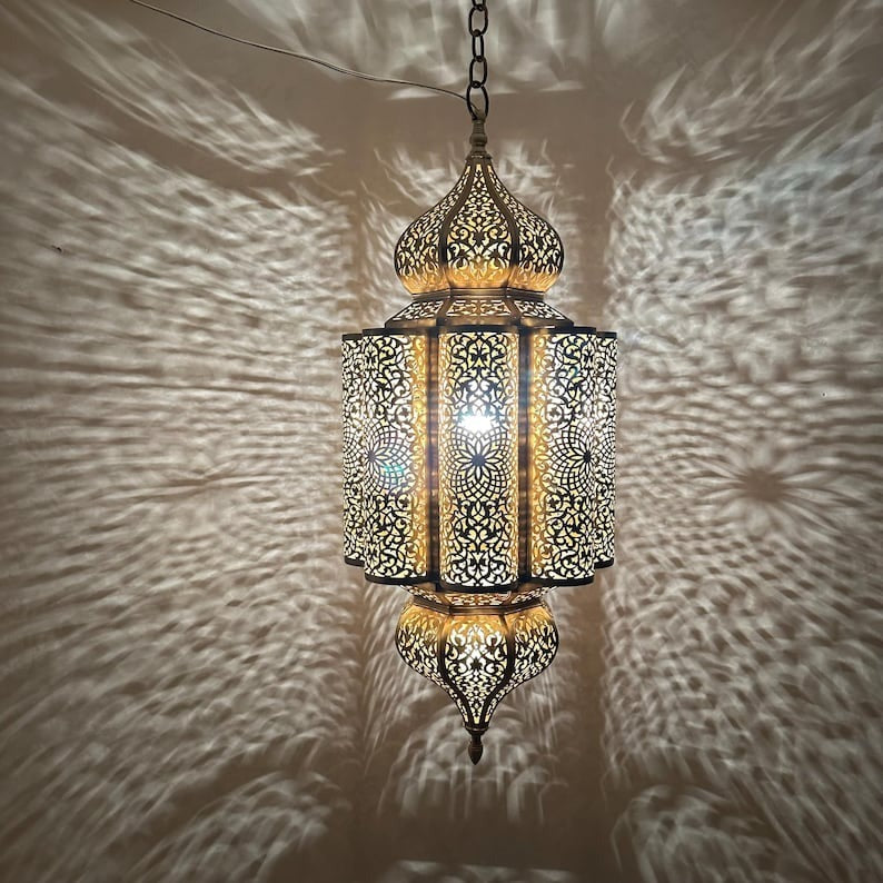 Moroccan Pierced Brass Lantern Chandelier, Handmade Moorish Floral Medallion Hanging Pendant Light, Boho Arabic Shadow Lamp, Gold and Black Filigree Ceiling Light Fixture