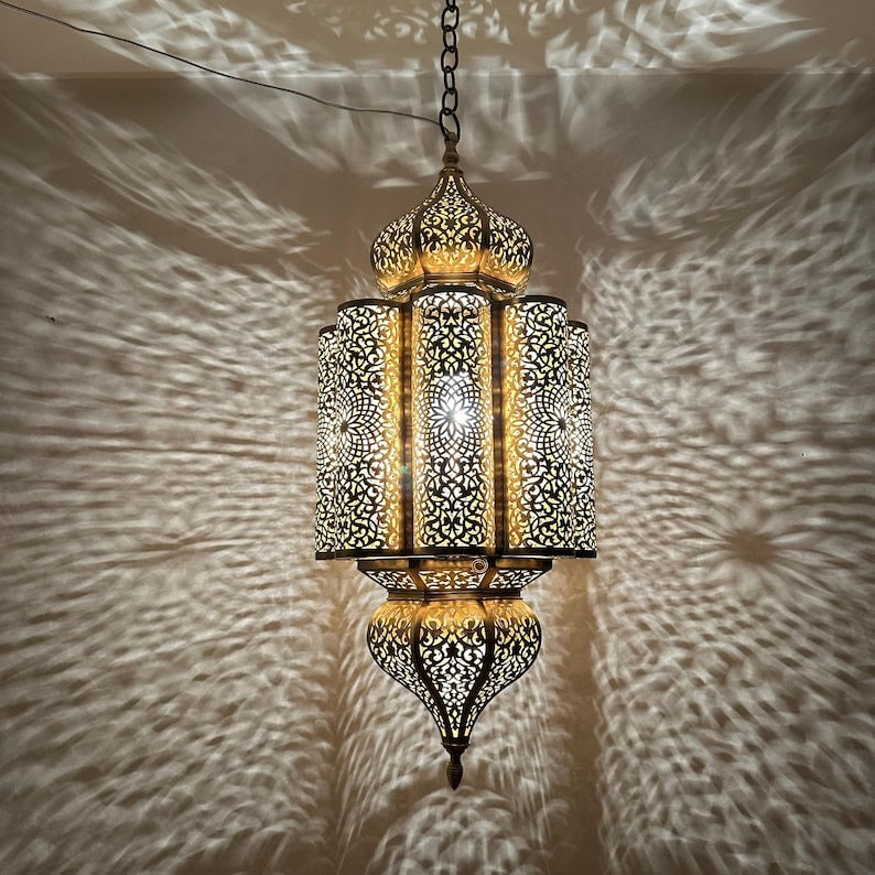 Moroccan Pierced Brass Lantern Chandelier, Handmade Moorish Floral Medallion Hanging Pendant Light, Boho Arabic Shadow Lamp, Gold and Black Filigree Ceiling Light Fixture