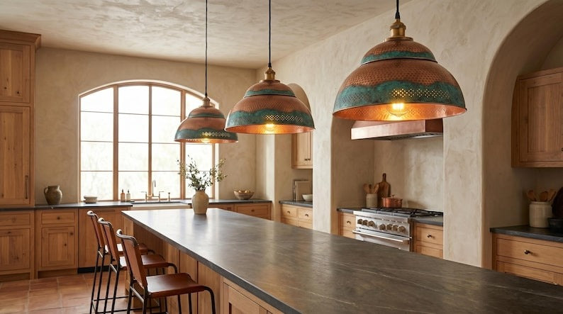 Handmade Moroccan Brass Pendant Light – Hammered Dome Ceiling Lamp with Verdigris Patina, Copper Interior & Pierced Artisan Details
