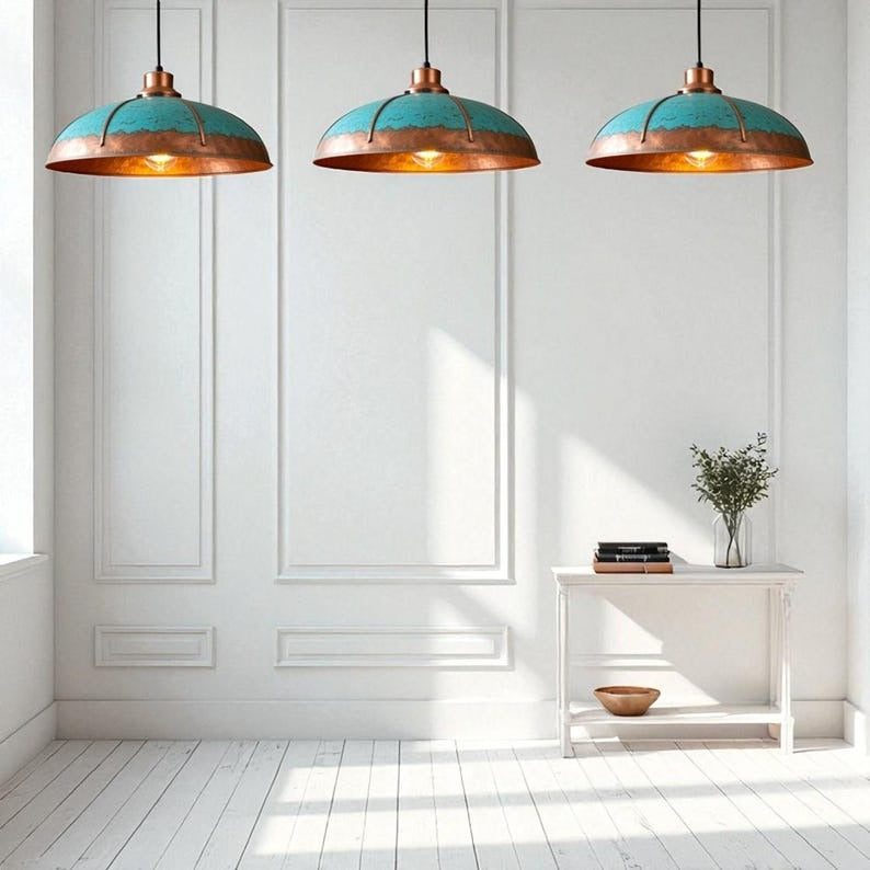 Verdigris Brass Dome Pendant Light – Copper Accent Kitchen Island Chandelier with Turquoise Patina
