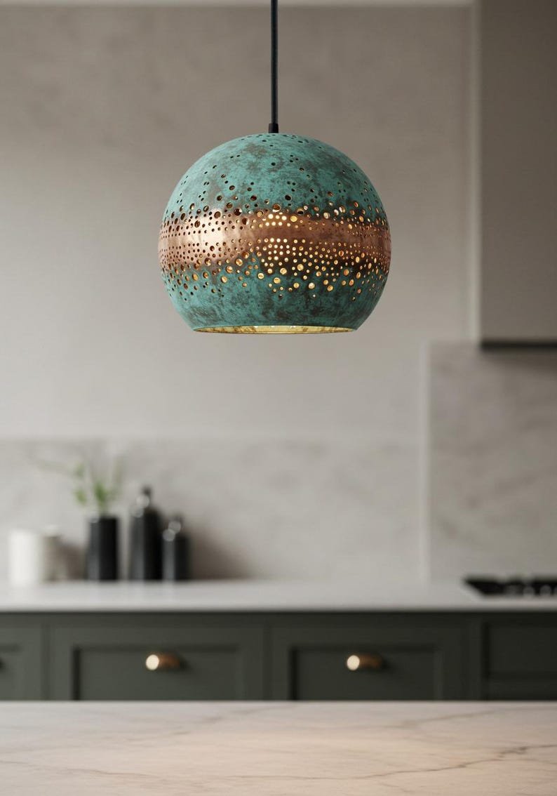 Green Patina Copper Globe Pendant Light, Handmade Moroccan Perforated Copper Dome Chandelier, Blue Verdigris Kitchen Island Hanging Lamp, Rustic Boho Farmhouse Ceiling Light Fixture