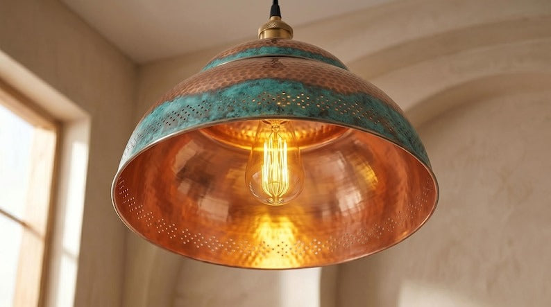 Handmade Moroccan Brass Pendant Light – Hammered Dome Ceiling Lamp with Verdigris Patina, Copper Interior & Pierced Artisan Details