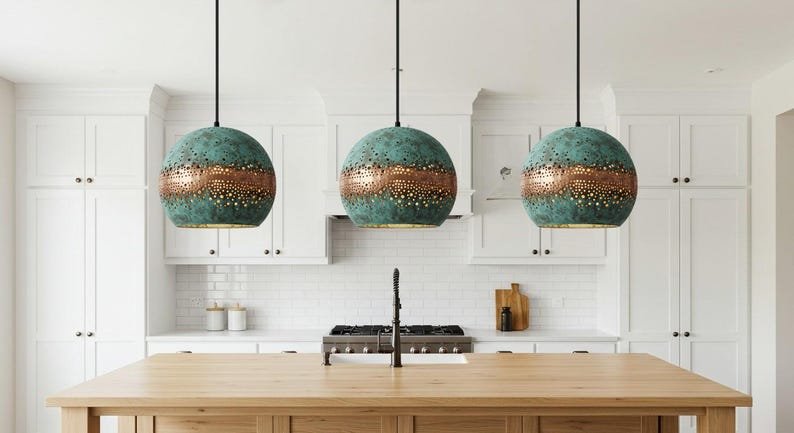 Green Patina Copper Globe Pendant Light, Handmade Moroccan Perforated Copper Dome Chandelier, Blue Verdigris Kitchen Island Hanging Lamp, Rustic Boho Farmhouse Ceiling Light Fixture