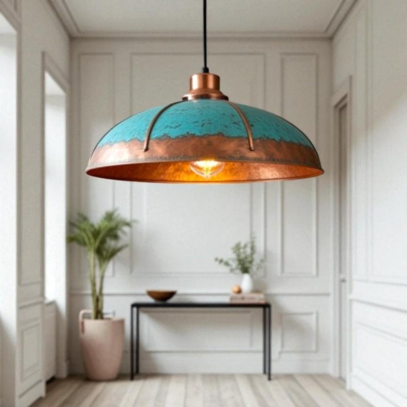 Verdigris Brass Dome Pendant Light – Copper Accent Kitchen Island Chandelier with Turquoise Patina