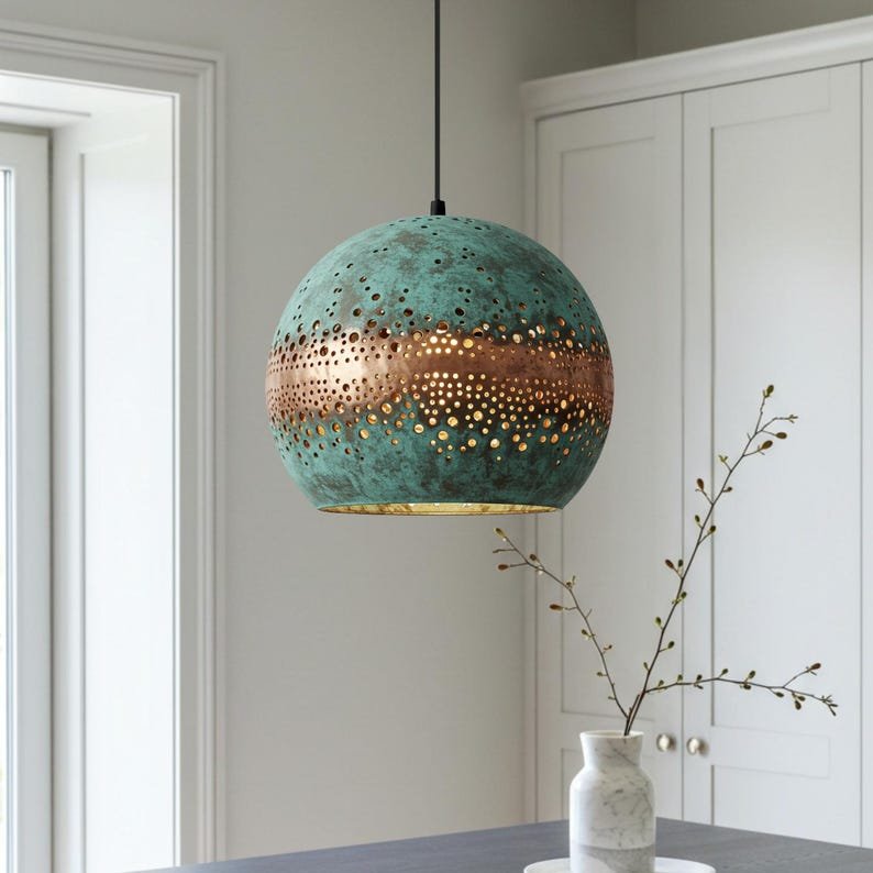 Green Patina Copper Globe Pendant Light, Handmade Moroccan Perforated Copper Dome Chandelier, Blue Verdigris Kitchen Island Hanging Lamp, Rustic Boho Farmhouse Ceiling Light Fixture