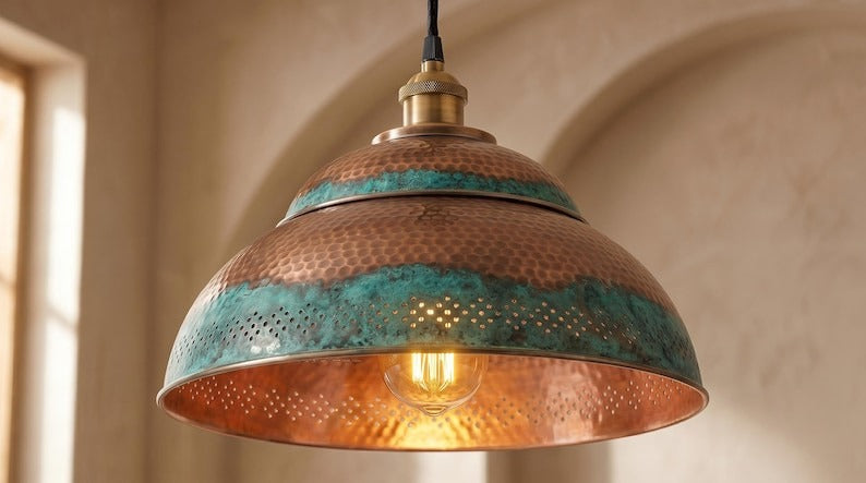 Handmade Moroccan Brass Pendant Light – Hammered Dome Ceiling Lamp with Verdigris Patina, Copper Interior & Pierced Artisan Details