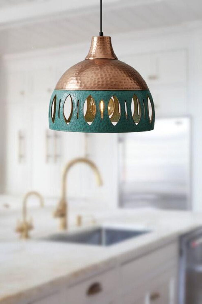 Handmade Copper & Green Patina Brass Pendant Light – Moroccan Dome Hanging Lamp with Leaf Cutout Band for Kitchen Island, Dining Room & Boho Home Décor
