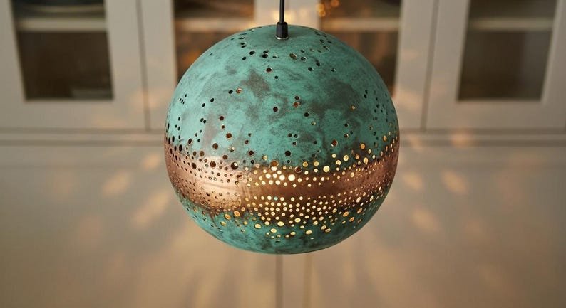 Green Patina Copper Globe Pendant Light, Handmade Moroccan Perforated Copper Dome Chandelier, Blue Verdigris Kitchen Island Hanging Lamp, Rustic Boho Farmhouse Ceiling Light Fixture