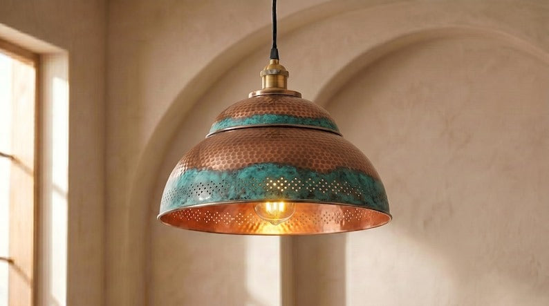 Handmade Moroccan Brass Pendant Light – Hammered Dome Ceiling Lamp with Verdigris Patina, Copper Interior & Pierced Artisan Details