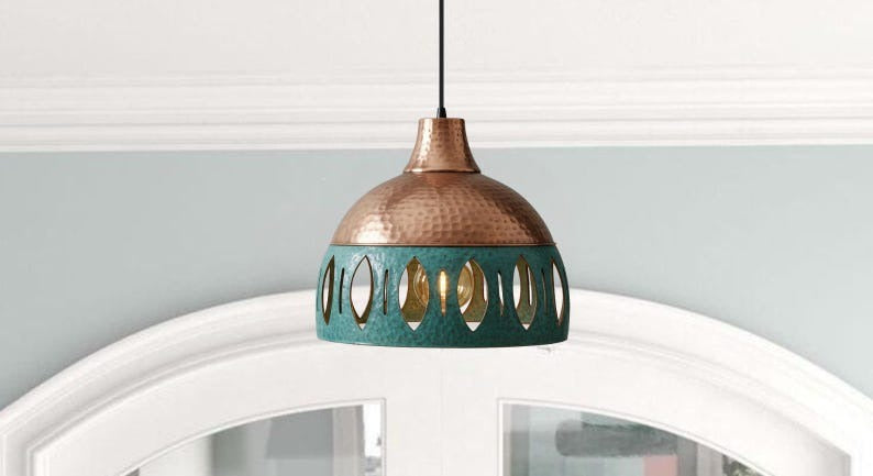 Handmade Copper & Green Patina Brass Pendant Light – Moroccan Dome Hanging Lamp with Leaf Cutout Band for Kitchen Island, Dining Room & Boho Home Décor