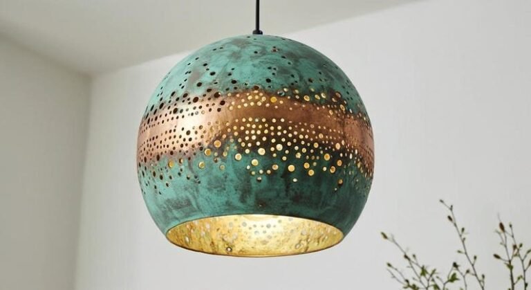 Green Patina Copper Globe Pendant Light, Handmade Moroccan Perforated Copper Dome Chandelier, Blue Verdigris Kitchen Island Hanging Lamp, Rustic Boho Farmhouse Ceiling Light Fixture