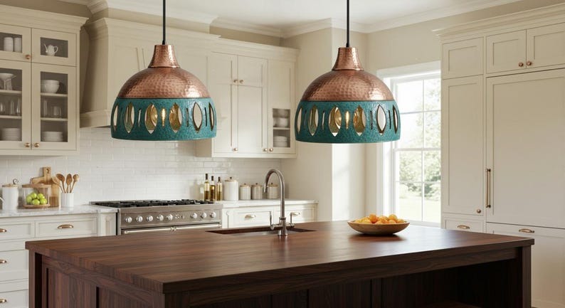 Handmade Copper & Green Patina Brass Pendant Light – Moroccan Dome Hanging Lamp with Leaf Cutout Band for Kitchen Island, Dining Room & Boho Home Décor