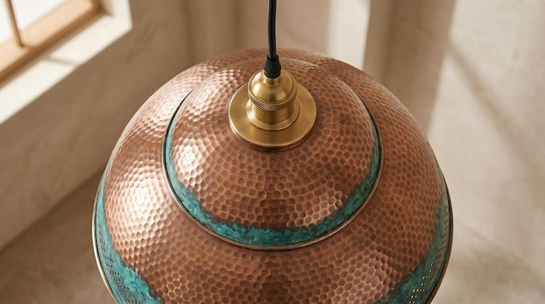 Handmade Moroccan Brass Pendant Light – Hammered Dome Ceiling Lamp with Verdigris Patina, Copper Interior & Pierced Artisan Details