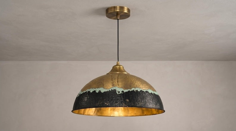 Handmade Moroccan Brass Pendant Light – Hammered Antique Gold, Black & Turquoise Patina Dome Ceiling Lamp, Kitchen Island & Dining Room Lighting
