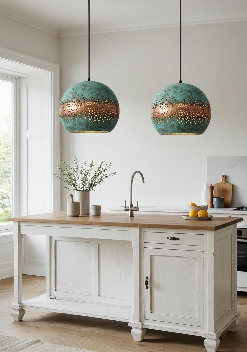 Green Patina Copper Globe Pendant Light, Handmade Moroccan Perforated Copper Dome Chandelier, Blue Verdigris Kitchen Island Hanging Lamp, Rustic Boho Farmhouse Ceiling Light Fixture