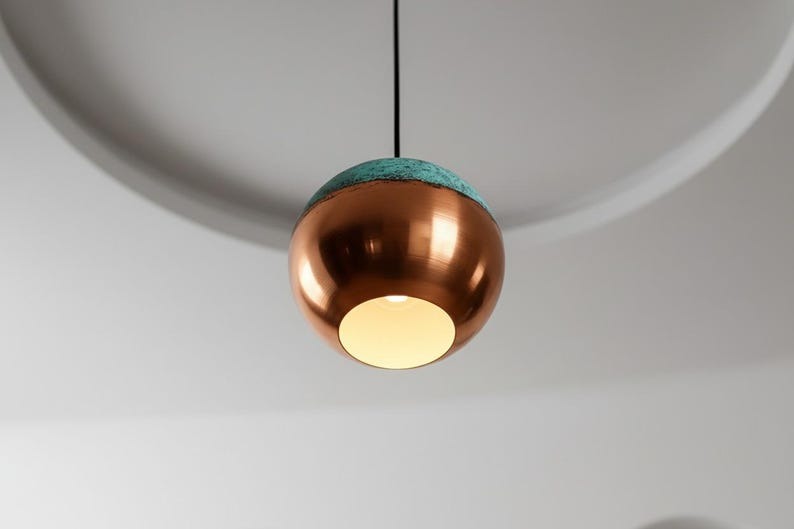 Handmade Moroccan Brass Globe Pendant Light – Polished Copper Brass Hanging Lamp with Turquoise Patina Top, Warm Gold Interior Orb Ceiling Light for Kitchen Island, Dining Room, Bedroom & Entryway