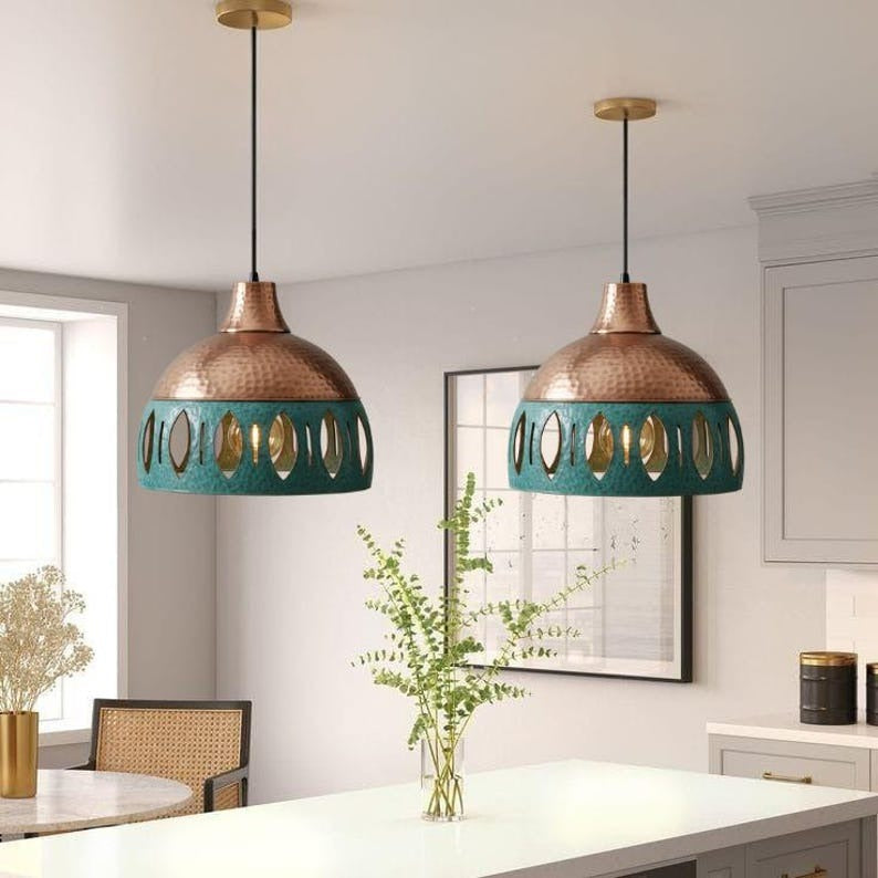 Handmade Copper & Green Patina Brass Pendant Light – Moroccan Dome Hanging Lamp with Leaf Cutout Band for Kitchen Island, Dining Room & Boho Home Décor