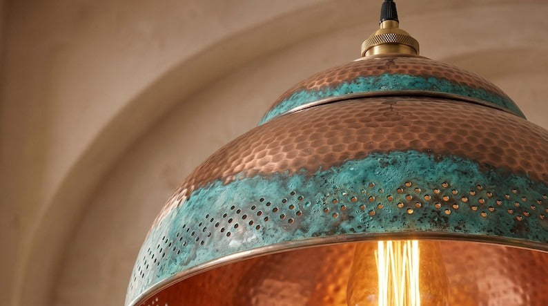 Handmade Moroccan Brass Pendant Light – Hammered Dome Ceiling Lamp with Verdigris Patina, Copper Interior & Pierced Artisan Details