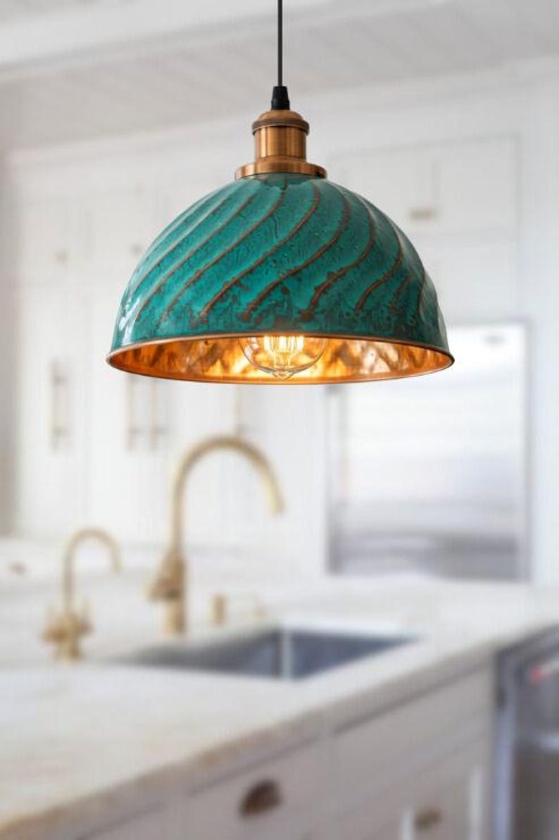 Handmade Green Patina Brass Pendant Light – Moroccan Ribbed Dome Hanging Lamp with Copper Brass Hardware for Kitchen Island, Dining Room & Boho Home Décor